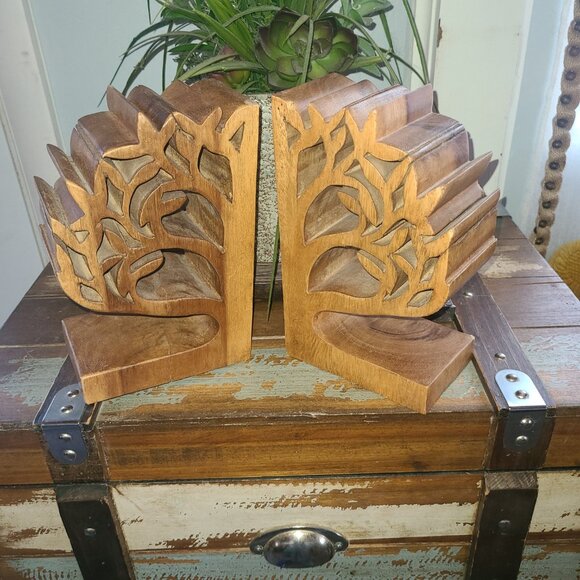 Wooden Bookends Wood  Hand Crafted Vintage Carved Tree 8" x 10" x 3" - Picture 3 of 11